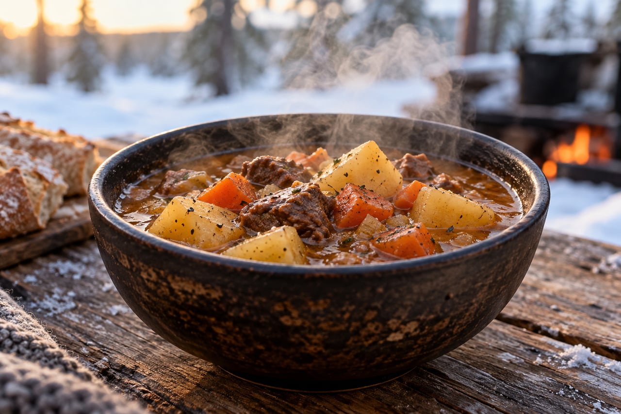 Illustrative camp meal: a steaming bowl of hearty stew on a wooden table, with snow in the background